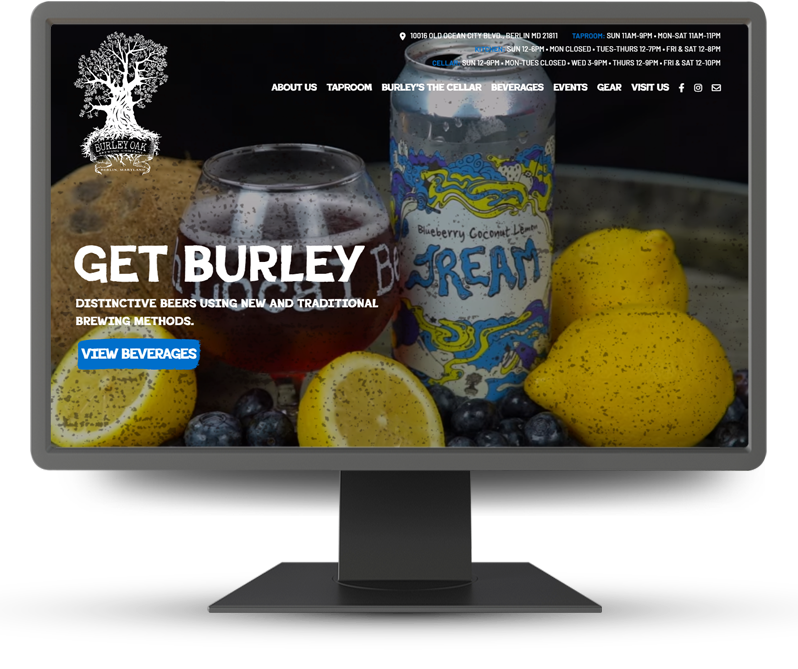Monitor displaying home page of Burley Oak