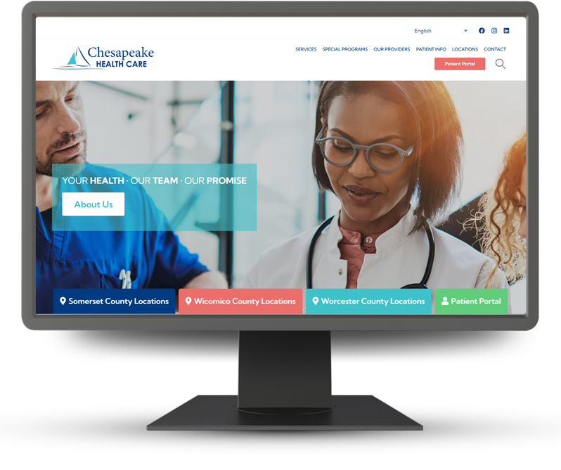 Monitor displaying home page of Chesapeake Health Care