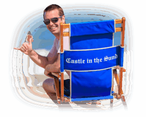 Castle in the Sand Hotel Man in sunglasses holds up "hang loose" hand symbol while sitting in a blue chair from Castle in the Sand