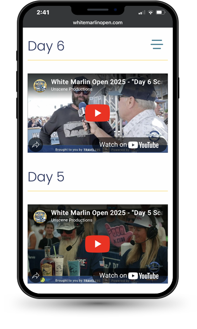 Cell phone displaying videos from White Marlin Open