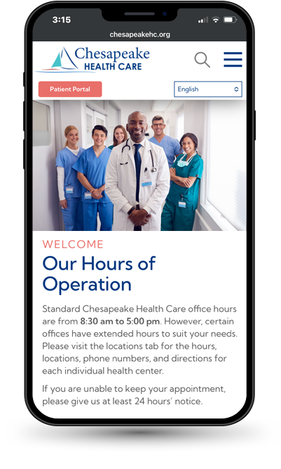 Cell phone displaying website for Chesapeake Health Care
