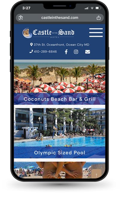 Cell phone displaying website for Castle in the Sand