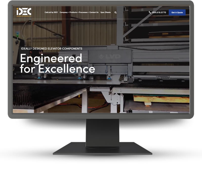 Monitor showing the IDEC Elevator Products homepage for D3 Case Study