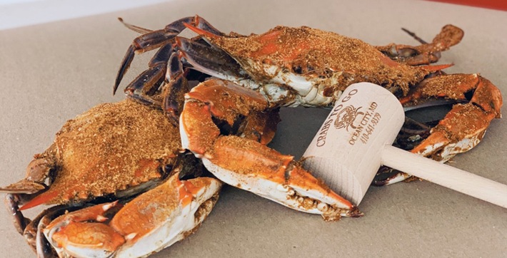 Steamed Maryland Blue Crabs from Crabs to Go in OCMD with a Grabs to Go mallet