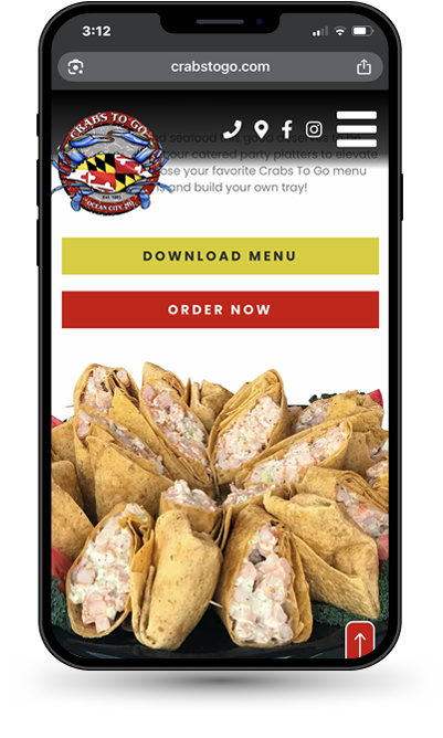 Cell phone showing Crabs to Go Online Ordering
