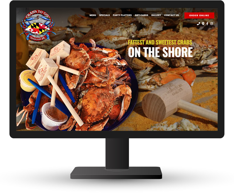 Monitor showing Crabs to Go home page