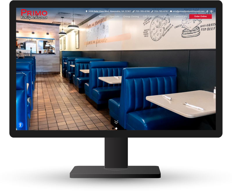 Monitor showing Primo Family Restaurant home page