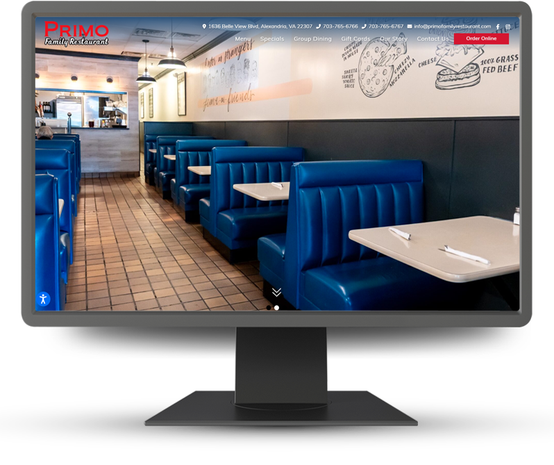 Monitor displaying home page of Primo Family Restaurant