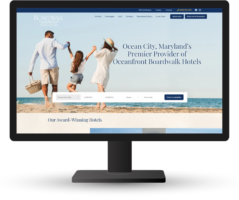 Monitor displaying home page of Boardwalk Hotel Group
