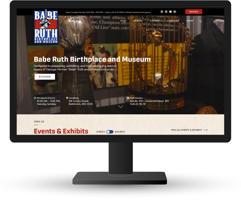 Monitor showing Babe Ruth Birthplace & Museum home page