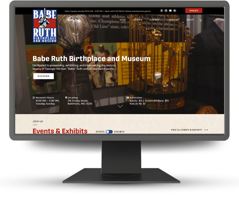 Monitor showing Babe Ruth Birthplace & Museum home page