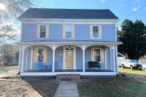 image of a blue house with a yellow door