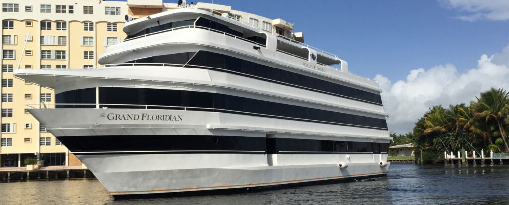 a large white and black boat in the water