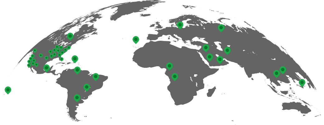 a map of the world with green dots