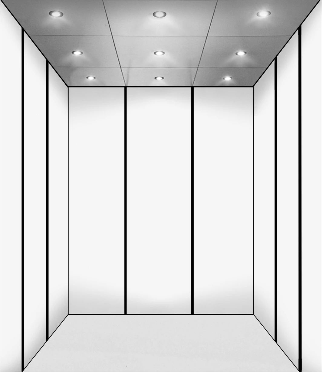 an empty room with white walls and lights