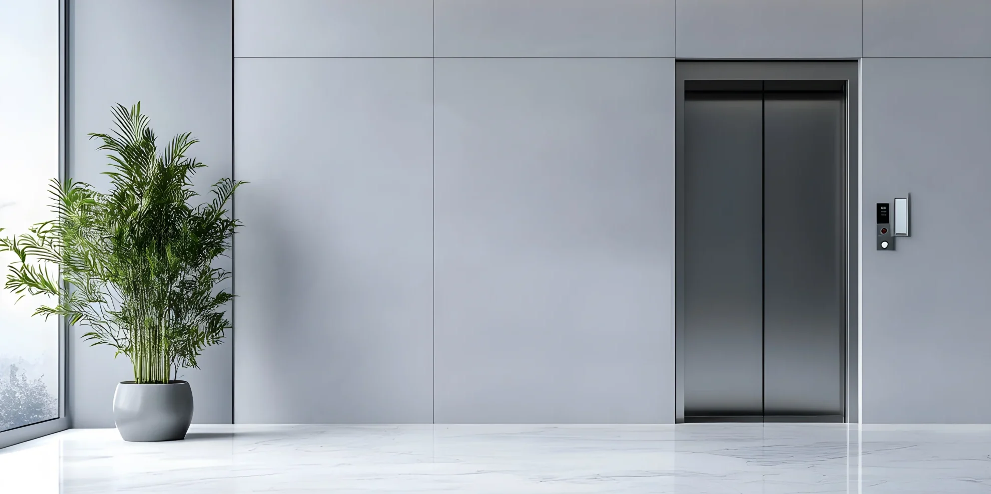 a modern elevator with a potted plant next to it