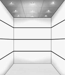 an empty room with white walls and lights