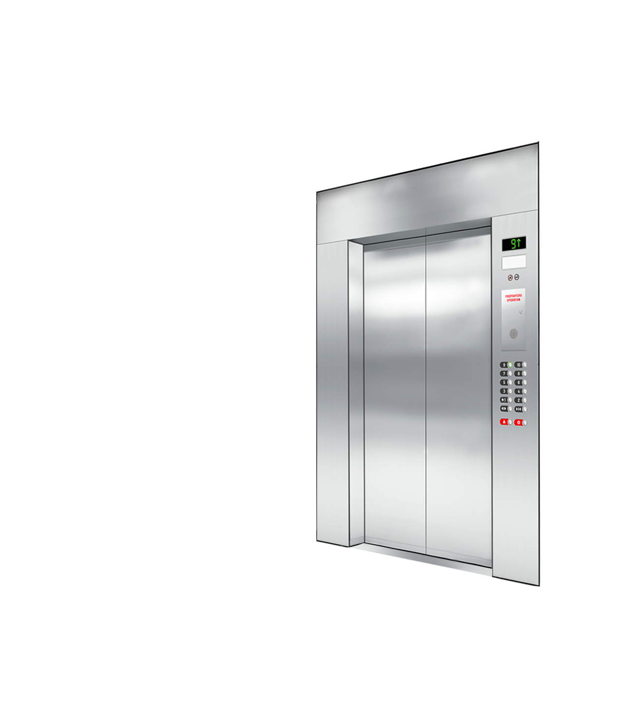 a stainless steel elevator with a digital screen