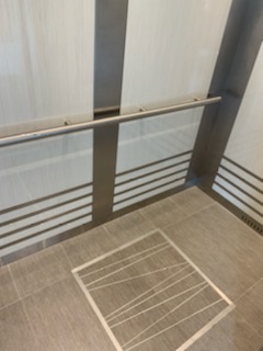 a bathroom with a shower and a rug on the floor