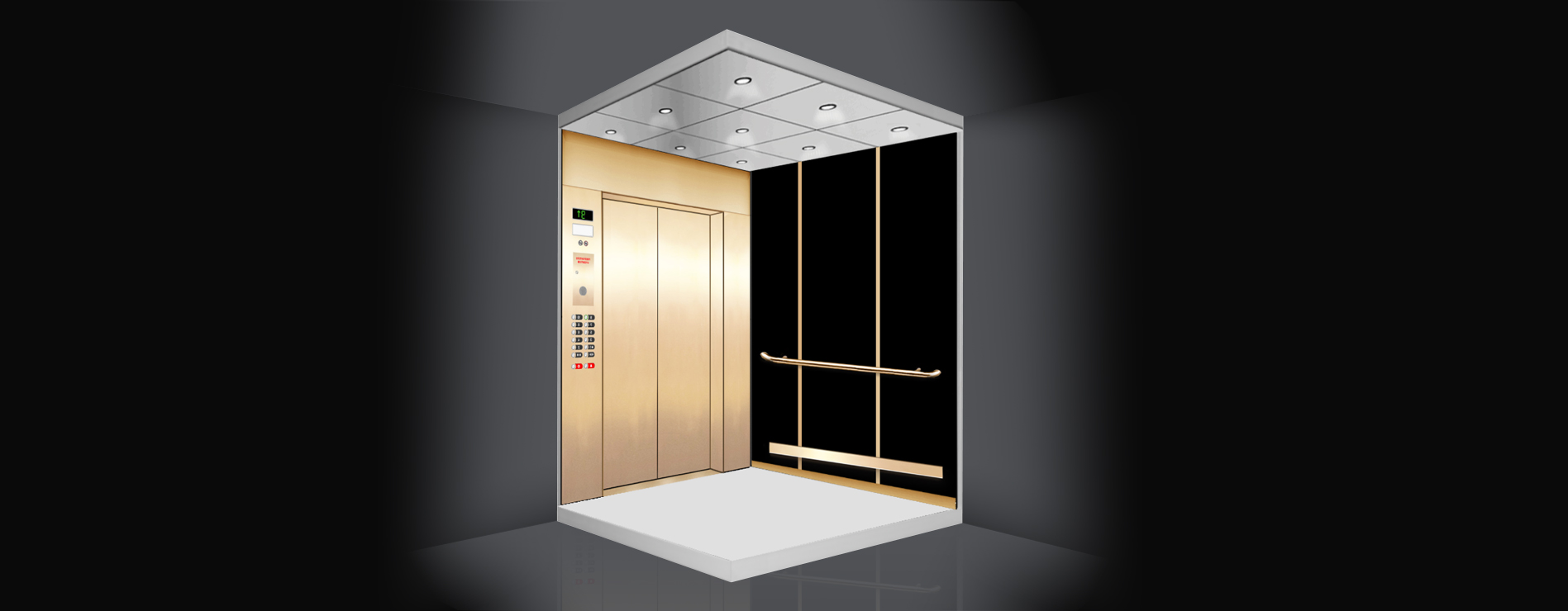 a black and gold elevator with a shower