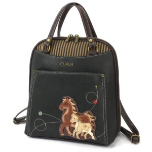 Convertible Backpack Purse - Horse Family - black