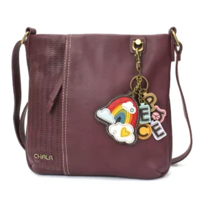 LaserCut Crossbody - Charming Charms Rainbow+PEACE - plum