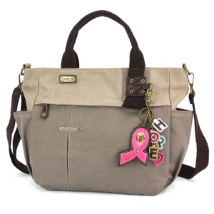 Multi Pocket Tote - Charming Charms Pink Ribbon - dark gray