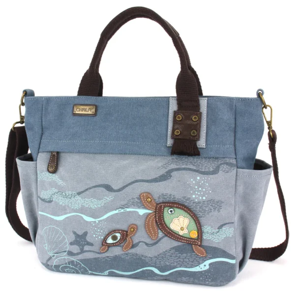 Canvas Print Pocket Tote - Turtles - indigo