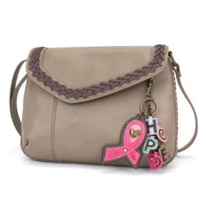 Braided Boho Crossbody - Charming Charms Pink Ribbon - warm gray