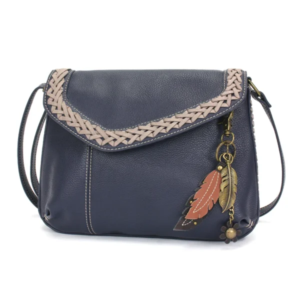 Braided Boho Crossbody - Metal Charming Feather - navy