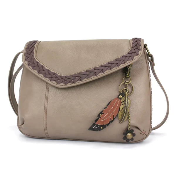 Braided Boho Crossbody - Metal Charming Feather - warm gray