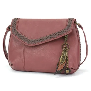 Braided Boho Crossbody - Metal Charming Feather - berry