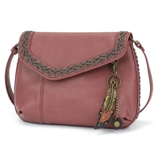 Braided Boho Crossbody - Metal Charming Feather - berry