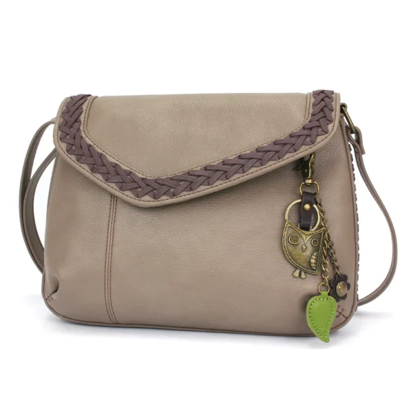 Braided Boho Crossbody - Metal Charming Owl - warm gray
