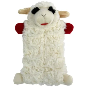 a stuffed sheep with a red heart on its chest
