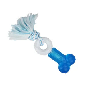 a blue and white dog toy with a rope