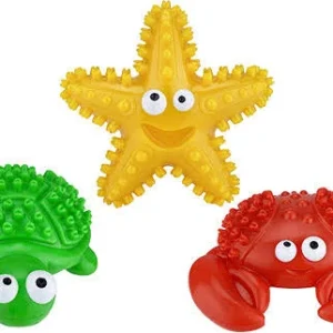 three starfish, a crab, and a turtle toys
