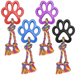 a group of four different colored dog toys