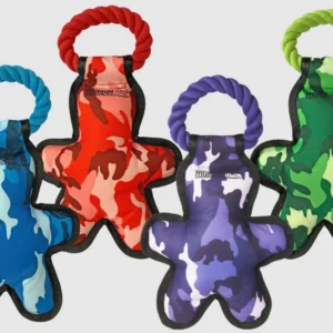 a set of four dog toys in different colors