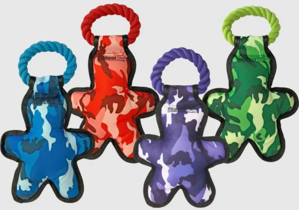 a set of four dog toys in different colors