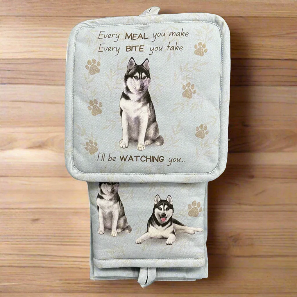 a dog themed pot holder with a picture of a dog on it