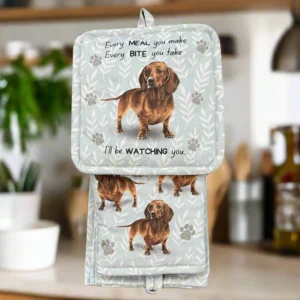a kitchen towel with a picture of a dog on it