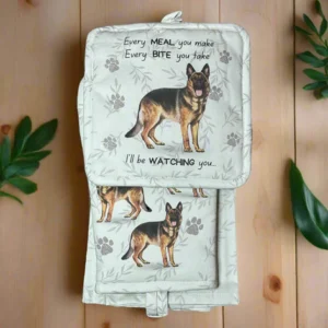 two oven mitts with german shepherd dogs on them
