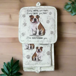 two oven mitts with a brown and white dog on them