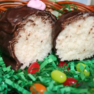 close up of 4 oz Homemade Easter Egg split to reveal flavor
