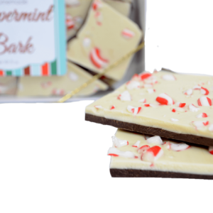 close up of Dolle's® Peppermint Bark pieces in front of Peppermint Bark box