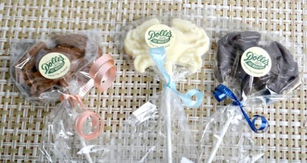 milk, white and dark Dolle's® Chocolate Crab Lollipops