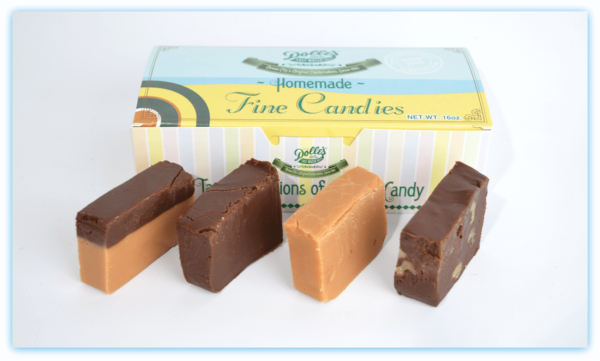 assorted 4 pieces of Fudge in front of box