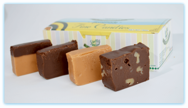 assorted 4 pieces of Fudge in front of box