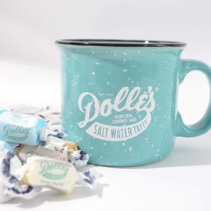 green ceramic mug with the Dolle's® logo and loose taffy